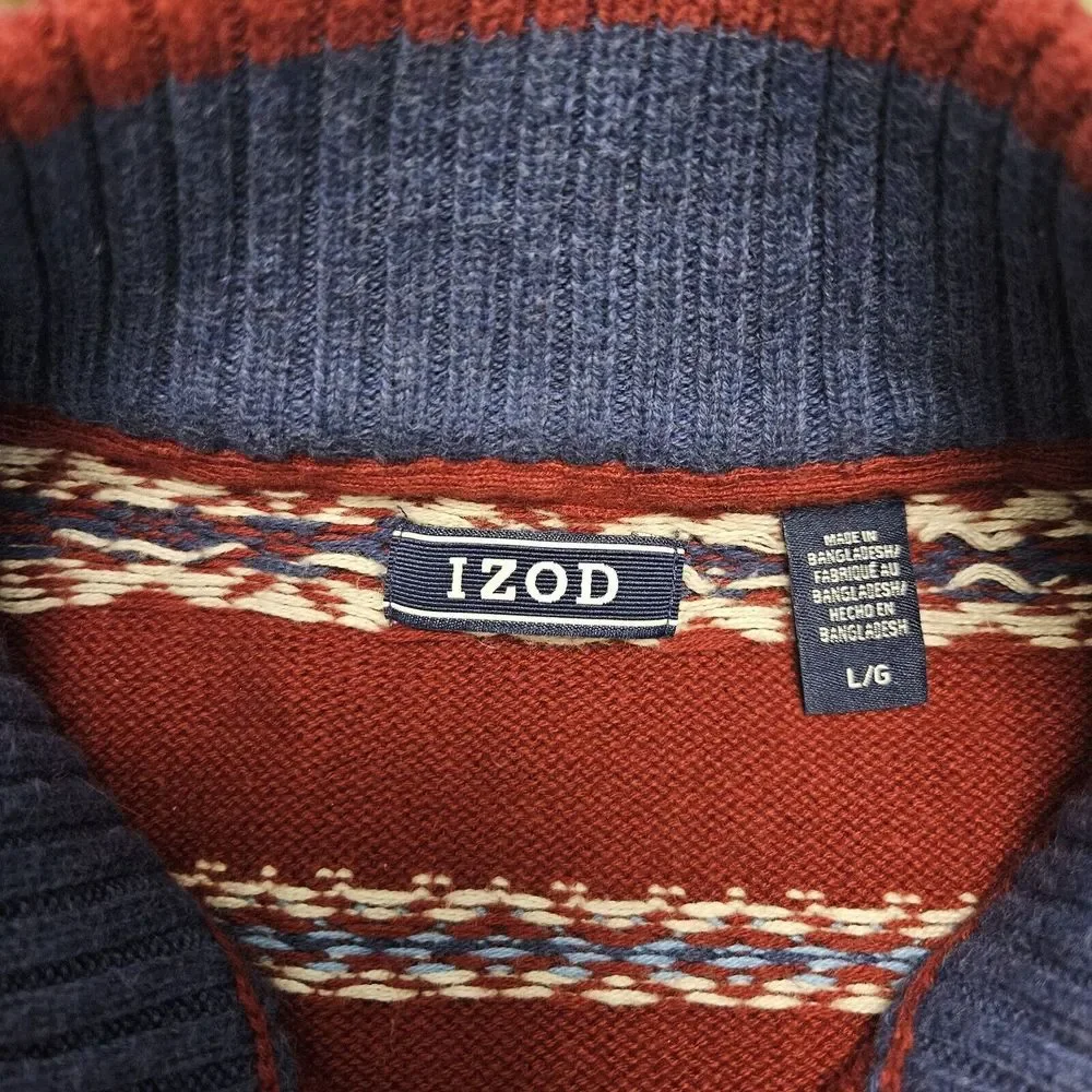 IZOD Ski Sweater Mens Large Heavy Quarter Zip Vintage Fair Isle Pullover‎